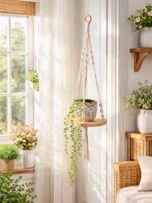 1pc Woven Rope Plant Hanging Shelf With Tassels, Bohemian Style Wall Decor For Indoor/Outdoor, Suitable For Succulent Pots, Air Plants, Bedroom, Living Room, Balcony, Patio, Apartment, Dorm, Farmhouse Wall Storage Rack - Style 1 - View 5