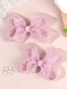 2件組粉色蕾絲刺繡雛菊蝴蝶結髮夾，鏤空時尚女孩髮飾，休閒日常禮物髮夾 - 粉色 - 查看 4
