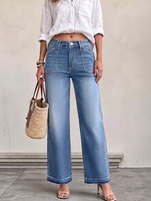 Button Detail Straight Leg Jeans, Mid-Stretch Long Casual Style Suitable For Multiple Occasions - Light Wash - View 4