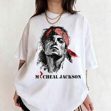 Camiseta de Algodón con Estampado Gráfico de , Estilo Harajuku Rock, Moda Casual, Manga Corta, Cuello Redondo, Transpirable, Camiseta Gráfica para Mujer, Corte Holgado, Manga - Blanco - Ver 1
