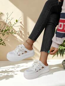 White Hollow Breathable Mesh Thick Sole No Heel Sneakers, Women's Lightweight Slip-On Lace-Up Casual Shoes, Suitable For Summer Daily Wear - White - View 2