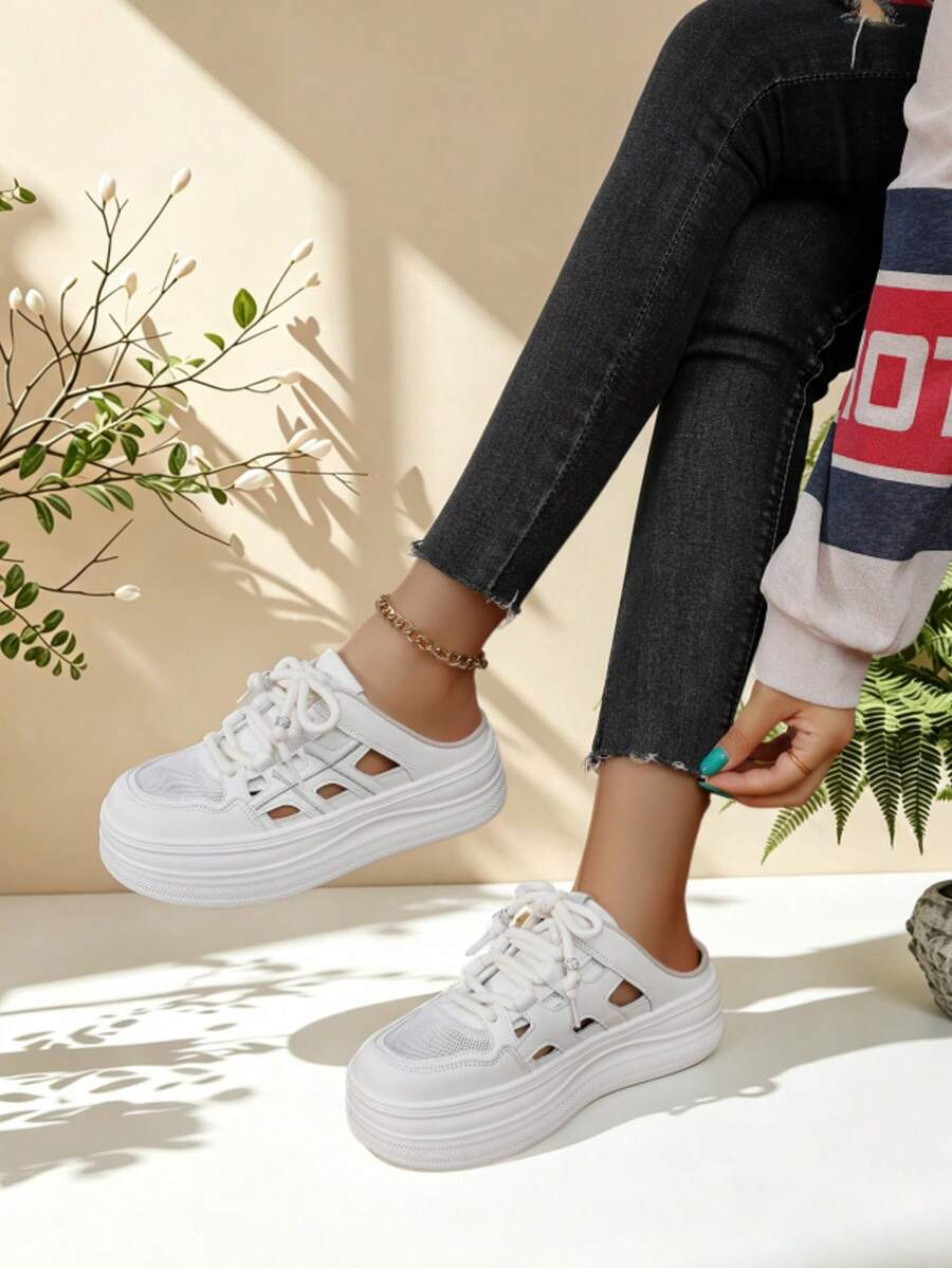 White Hollow Breathable Mesh Thick Sole No Heel Sneakers, Women's Lightweight Slip-On Lace-Up Casual Shoes, Suitable For Summer Daily Wear