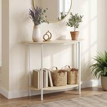Half Moon Console Table, 40" Narrow Entryway Table With Storage Shelf, 2-Tier Modern Sofa Table With Metal Frame, Behind Couch Table For Hallway, Living Room, Entrance & Foyer, Natural & White - Natural + White - View 4