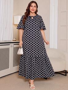 DEARCASE Plus Size Geometric Print Long Dress, Suitable For Commuting Vacation Elegant Black Summer - Black - View 1