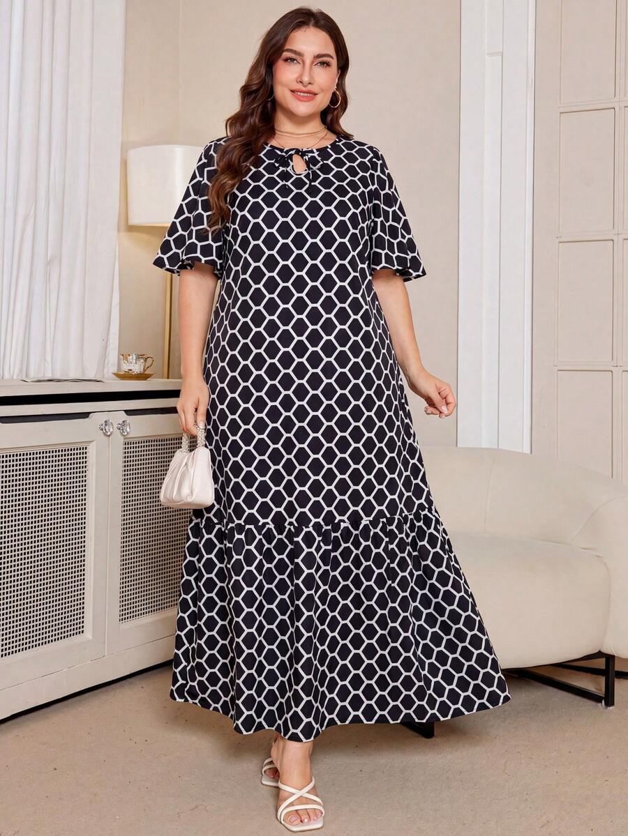 DEARCASE Plus Size Geometric Print Long Dress, Suitable For Commuting Vacation Elegant Black Summer - Black - View 1