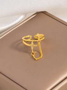 1pc Personalized Rhinestone Four-Pointed Star Chain Open Joint Finger Ring, Sweet & Cool Double Layer Design Star Ring, Hip-Hop Style - Gold - View 4