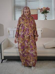Plus Size Woven Long Prayer Robe, Colorful Abstract Print, Non-Stretch Full Coverage Robe, Suitable For Modest Attire - Multicolor - View 7