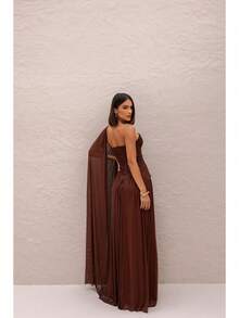 Long, One-Shoulder Party Dress In Dark Nude, Flowing Style, For Bridesmaids/Dates/Graduations/Guests. - Rust Brown - View 2