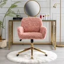 Dressing Chair In Fluffy Faux Rabbit Fur, Purple, Height Adjustable, 360° Swivel, With Armrests, Gold Metal Caster Base, Comfortable, Ideal For Bedroom Or Office, DE1831VT - 粉色 - 查看 7