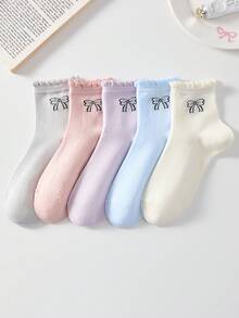 5雙女款蝴蝶結圖案荷葉邊襪子，芭蕾風中筒襪，柔軟舒適，適合四季穿著 - 彩色 - 查看 3