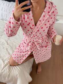 Dreamivo Girl Style Small Heart Print Flannel Short Bathrobe, Loose Fit With Pockets, Warm Home Wear Adult Morning Robe - Pink - View 4