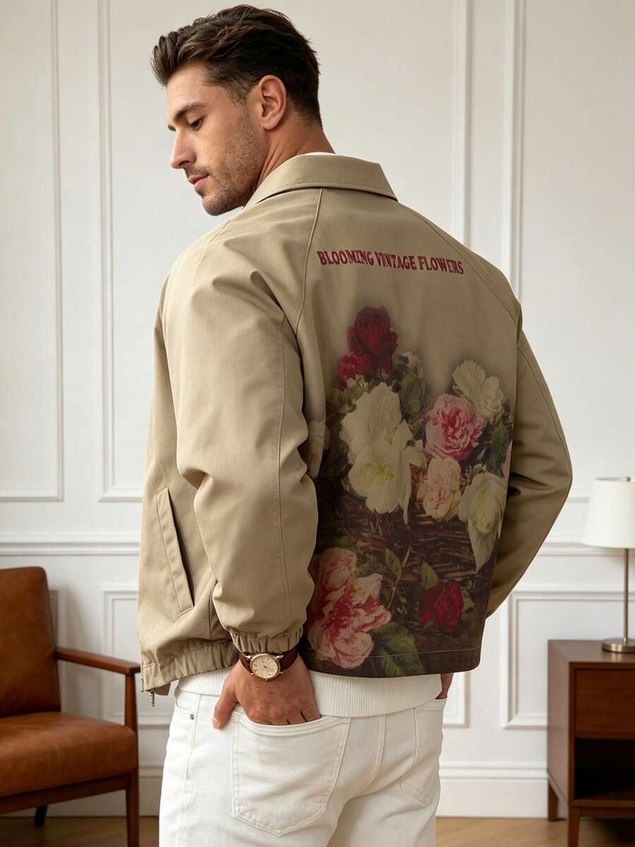 Men's Spring/Autumn Casual Floral Print Lapel Collar Jacket - Camel - View 1