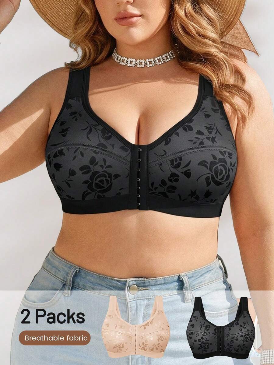 2pcs Women Plus Size Wireless Bra, Front Closure Design, Floral Print, Push Up Comfortable, Daily Wear