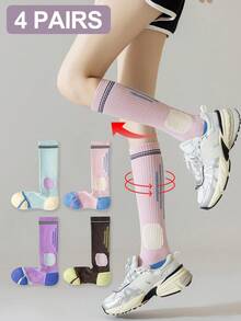 1/4 Pair Random Women Multicolor Striped Comfortable Soft Yoga Pilates Running Jumping Rope Fitness Knee High Compression Sports Socks - Multicolor - View 14