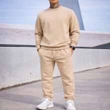 Sweatshirt And Pants Set With Pockets, Winter, Casual, Basic, Unisex, Plain - Beige - View 10