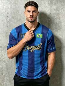 Spring/Summer New Vintage Sports Jersey Small V-Neck Striped Short Sleeve T-Shirt Top - Blue - View 5