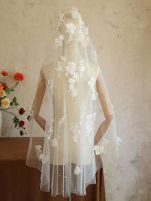 浪漫珍珠蕾絲花卉蕾絲新娘面紗 女款單層婚禮面紗配件 - 彩色 - 查看 9