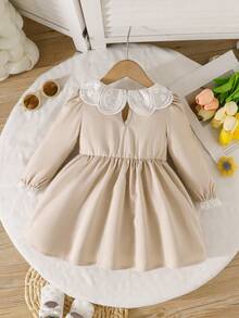 Baby Girl Exquisite Lace Trim Collar Bowknot Decor Sweet Dress - Apricot - View 2