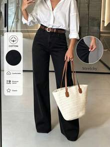 Women's High Waisted Straight Leg Jeans, Slightly Stretchy Pre-Washed Denim Pants, Latina Street Style Casual Everyday Wear, Comfortable, Size Runs Large - Black - View 1