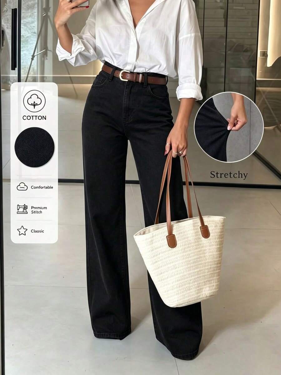 Women's High Waisted Straight Leg Jeans, Slightly Stretchy Pre-Washed Denim Pants, Latina Street Style Casual Everyday Wear, Comfortable, Size Runs Large - Black - View 1
