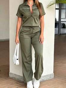 LUNNELUX Women's Autumn Green Collared Short Sleeve Wide Leg Tie Waist Jumpsuit Summer - Green - View 8