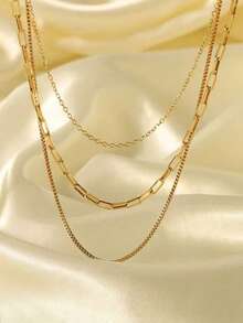 1pc Stainless Steel Vintage Style Triple Layer Paperclip Chain Long Collarbone Necklace, Versatile Neck Accessory For Christmas Gift, Commute, Date, Vacation, Party - Gold - View 2