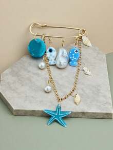 1pc Ocean Vacation Bohemian Brooch, Marine Life Ceramic Fish, Acrylic Starfish Pendant, Faux Pearl With Shell Pendant, Multi-Purpose Brooch Pin For Women - Multicolor - View 4
