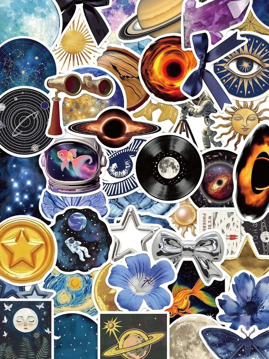 50 Stück, Die Universum Himmelskörper Aufkleber, PVC Material, Kreatives und ästhetisches Design Aufkleber, geeignet für Handyhüllen, Tablets, Laptops, Koffer, Autos, Notizbücher, handgeschriebene Tagebücher, Sammelalbum Zubehör, Schulbedarf - 50 Stück - Übersicht 1