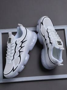 Men's Fashionable Sneakers Shoes, Comfortable Non-Slip Casual Lace-Up Thick Sole Sneakers, Suitable For Outdoor Activities,Trainers - Black and White - View 2