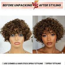 AMECIRE Brown Curly Wig Pixie Cut Wig Women's Short Hair Wig With Bangs Human Hair Wigs 5 Inches Machinery Manufacturing Suitable For All People - S4 - View 4