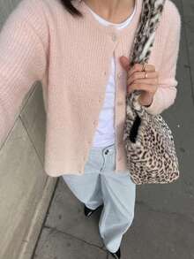 Light Pink Round Neck Mohair Knit Cardigan, Soft Slouchy Textured Single-Breasted, Casual Versatile For Daily Wear, Outings And Commuting, Autumn/Winter - Light Pink - View 6
