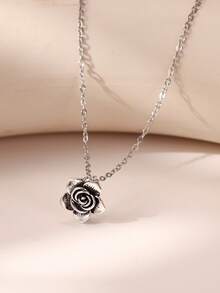 1pc Vintage Silver Rose Flower Pendant Necklace, Retro Hollow Floral Collarbone Chain, Elegant Gothic Jewelry Gift For Women Daily Party Wear - Flower Pendant Necklace - View 4
