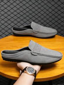 1 Pair Men's Spring/Autumn Vintage Suede Mule Slippers, Lace-Up Decor, Comfortable Soft Sole Closed-Toe Loafers, Preppy Style For Home, Outdoor, Commute, Casual, Office - Grey - View 4