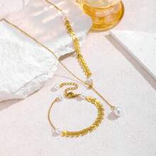 1 Set Stainless Steel Chain Leaf Faux Pearl Pendant Women's Fashion Necklace & Bracelet Jewelry Set, Gift Accessory - Style a - View 3