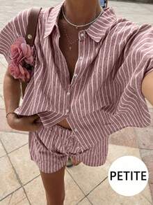 Petite Summer Casual Vacation Style Striped Print Loose Top & Shorts 2 Pieces Set, Women's Summer Casual Wear, Women's Pink Print Fabric Set Elegant - Pink - View 1