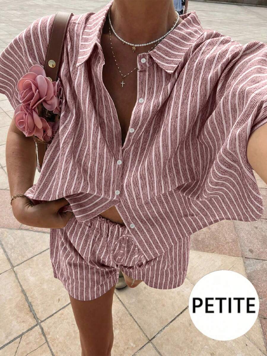 Petite Summer Casual Vacation Style Striped Print Loose Top & Shorts 2 Pieces Set, Women's Summer Casual Wear, Women's Pink Print Fabric Set Elegant - Pink - View 1