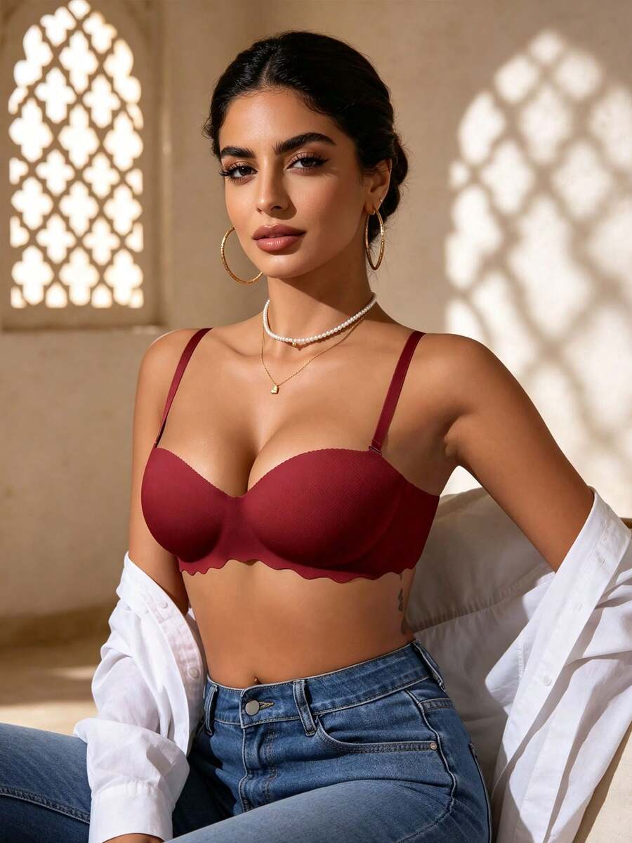 Women's Red Small Chest Push UP Bras, Seamless & Wireless Bralette, Solid Color Simple Daily Wear Brassiere With Soft & Thick Palm Cup - Burgundy - View 1