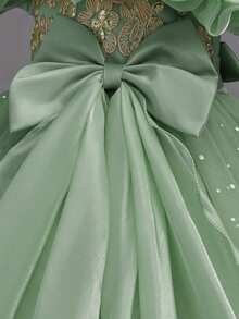女童 3D 花朵露肩刺繡網紗正式禮服，生日派對表演公主長裙，鋼琴演奏會花童禮服 - 綠色 - 查看 9