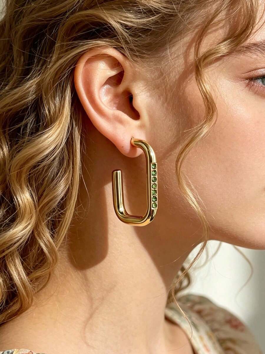 1 Pair Vintage Elegant 18K Gold Plated Stainless Steel Square Hoop Earrings With Embedded Green Rhinestones, Suitable For Daily Wear, Commute And Banquet - E0472-02 - View 1