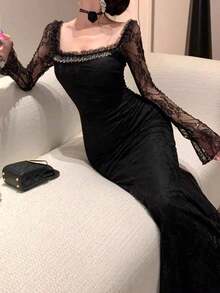 秋季女款優雅修身黑色蕾絲魚尾裙，性感復古時尚純色中長裙，派對生日舞會婚禮出遊洋裝新風格 - 黑色 - 查看 2
