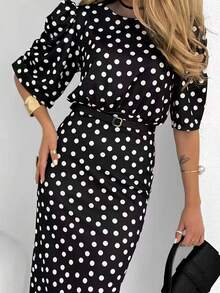 Gaun Liburan Elegan Lengan Lima Panjang Sedang Motif Polkadot Musim Gugur/Dingin - Hitam dan Putih - View 2