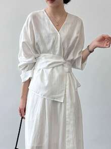 Elegant Fashion Asymmetrical Hem Tie-Front Blouse - White - View 2