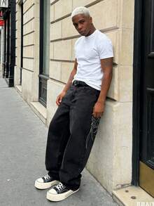 Men's Fashion Street Hip-Hop Vintage Embroidered Straight Leg Loose Wide Leg Denim Jeans Casual Long Pants - Black - View 3