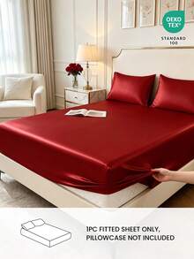 HONEYMOON 1pc Premium Silky Satin Fitted Sheet, Soft Breathable Wrinkle-Resistant, Improve Sleep Quality, Luxury Hotel Style, Gift For Parents And Friends, 14 Inch/35cm Deep Pocket, Fits All Bed Sizes - Twin, Full, Queen, King, Oeko-Tex Certified - Red - View 2