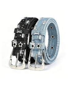 2pcs Punk Style Star Double Breasted Belt, Korean Version Jeans, Fashionable Decorative Pants Belt, Corns Belt - 2pc Black + Blue a - View 3