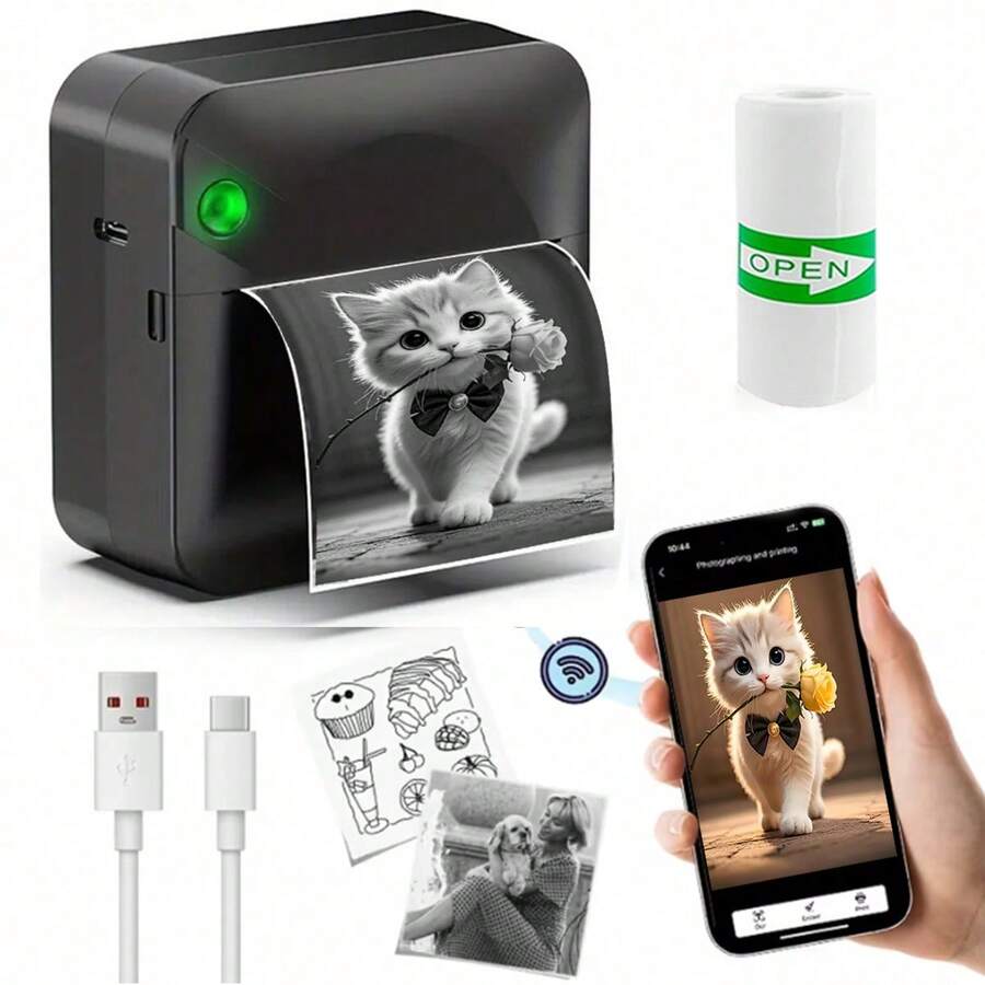 PRINHSJI Mini Printer, Portable Thermal Sticker Printer, Includes 1 Roll Of Printing Paper, Suitable For Photos, Images, Diaries, Notes, DIY, Compatible With IOS And Android