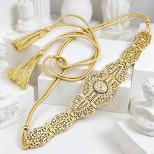 1pc Women Statement Wide Gold Color Waist Belt, Hollow Carved Metal Filigree With Rhinestone, Tassel Drawstring Waistband Accessory For Kaftan - Metal Belt - View 7