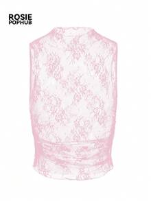 ROSIE POPHUB 女款粉色透視刺繡蕾絲細肩帶背心，性感修身網紗無袖寬鬆上衣，適合約會、日常與辦公穿著，夏秋兩季適用 - 粉色 - 查看 6