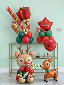 52pcs/22pcs/19pcs/10pcs/2pcs Christmas Theme Balloon Set, Red Nose Reindeer, 3D Standing Deer, Mini Gingerbread Man, 22 Inch Red & Gold Gift Box, Red Star/Round Balloons, Red & White / Red & Green Striped Candy Cane Balloons, New Year 2027 Table / Tabletop - View 13