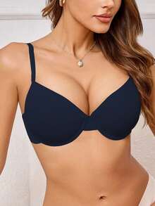 Women's Solid Color Minimalist Underwire Push-Up Bra - Blue - View 4